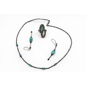 Faux Turquoise Set Earrings Rings And Necklace Western Cowgirl. Vintage Montana